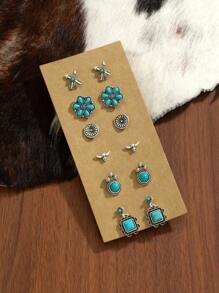 6對/套女士復古波西米亞風耳環、牛仔花款式、綠松石耳釘套裝禮物 - 彩色 - 查看 3