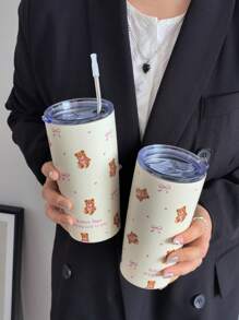 1pc 20oz/600ml Bowknot Cute Bear Insulated Cup, Cold/Hot Drinking Mug, Vacuum Bottle For Camping, Coffee, Festival & Birthday Gift (Without Straw) Water Bottle Back To School