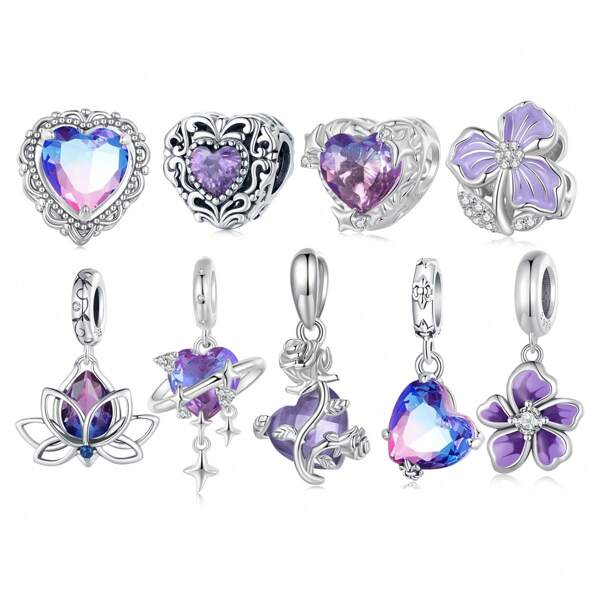 bamoer 1 PC 925 Sterling Silver Lotu Flower Heart Charm Bead Purple Zirconia Crystal Pendant Fit Women DIY Bracelet Necklace Fine Jewelry Valentines