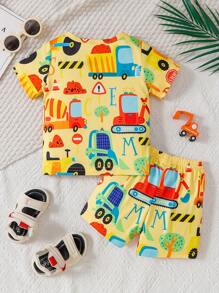 2pcs/Set Baby Boy Cartoon Vehicle Printed Short Sleeve Top And Shorts Set, Random Print, Spring/Summer