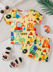 2pcs/Set Baby Boy Cartoon Vehicle Printed Short Sleeve Top And Shorts Set, Random Print, Spring/Summer