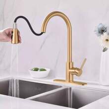 Matte Black/Chromium Plating/Brushed Nickel/Brushed GoldKitchen Faucet With Pull Down Sprayer,Stainless Steel Single Handle Kitchen Faucet,Multiple Modes Switch Water, 8'' Deck Plate Included,Suitable For Farmhouse Laundry Rv Bar - Brushed Gold - View 3