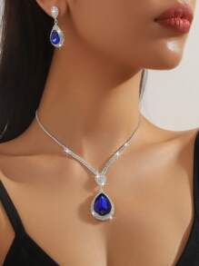 1入時尚多色幾何水滴水晶項鏈和1對多色幾何水滴水晶耳環，適合女士的晚禮服，多用途的項鏈耳環套裝