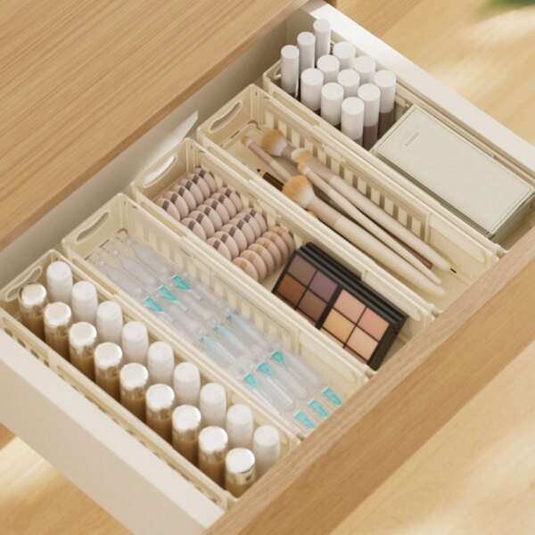1 Piece Beige Retractable Placement Box, Space Saving, Optional Adjustment, Cosmetics Organizer, Perfume Organizer, Toiletries Bathroom Accessories, Lipstick, Eye Shadow, Eyeliner Organizers Storage, Suitable For Bedroom, Bathroom