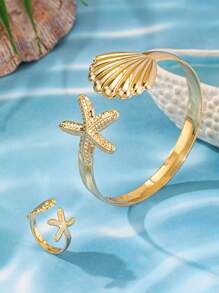 1套女裝時尚套裝，極簡海洋風格，個性化海貝殼、海星、金色手鐲、戒指套裝，適用於日常通勤、派對等 - 海星貝殼套裝 - 查看 6