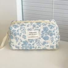 1 件蓝色秋海棠花化妆包女士旅行化妆品收纳包花卉化妆包布艺印花甜美风格洗漱包 - 藍白色 - 查看 11