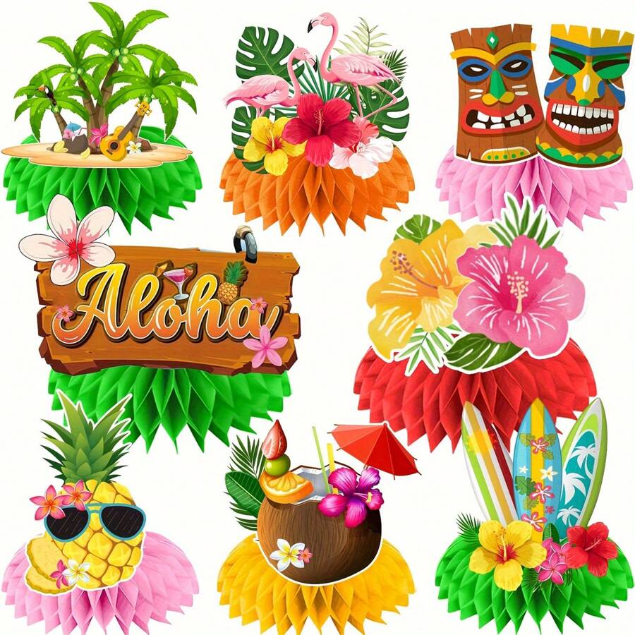 8 piezas, Centros de mesa hawaianos para mesas, Decoraciones para mesas de luau, Centro de mesa de panal de doble cara 3D con diseño hawaiano para decoración de mesa, Centro de mesa de luau para mesas, Decoraciones hawaianas de luau - Verde - Ver 1