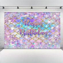 Fondo de cumpleaños de sirena, Pan de fondo con brillantina dorada con escamas de sirena para decoración de fiesta temática debajo del mar, pancarta de foto de cumpleaños con concha de mar púrpura degradado - escamas - Ver 6