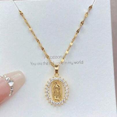 1pc Retro Hip Hop Style Copper & Zirconia Decor Virgin Mary Charm Necklace With Stainless Steel Chain For Girls For Party Banquet Festival Accessory For Daily Life Fine Jewelry Gold Jewelry Back To School