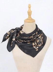 1 pieza Pañuelo de seda impreso vintage para damas, pañuelo de cabeza suave y elegante de 90x90cm multifuncional para todas las estaciones, envuelto en caja de regalo con estilo bohemio para diadema o cinta de moda para el cabello - Negro - Ver 5
