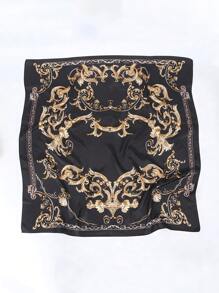 1 pieza Pañuelo de seda impreso vintage para damas, pañuelo de cabeza suave y elegante de 90x90cm multifuncional para todas las estaciones, envuelto en caja de regalo con estilo bohemio para diadema o cinta de moda para el cabello - Negro - Ver 3
