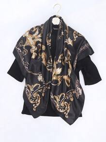 1 pieza Pañuelo de seda impreso vintage para damas, pañuelo de cabeza suave y elegante de 90x90cm multifuncional para todas las estaciones, envuelto en caja de regalo con estilo bohemio para diadema o cinta de moda para el cabello - Negro - Ver 2