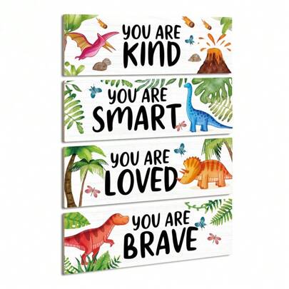 Putuo Decor 4pc Inspirational Quotes Wooden Sign, You Are Kind You Are Smart You Are Brave You Are Loved, Cute Dinosaur Wall Art Decor For Home Nursery Room Children's Room Bedroom Kindergarten, 11.8x 3.9 Inches Gifts