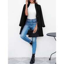 PiePieBuy女款優雅單排扣長袖中毛呢大衣，適用於辦公室工作或休閒穿搭的豌豆大衣 - 黑色 - 查看 4