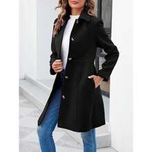 PiePieBuy女款優雅單排扣長袖中毛呢大衣，適用於辦公室工作或休閒穿搭的豌豆大衣 - 黑色 - 查看 3