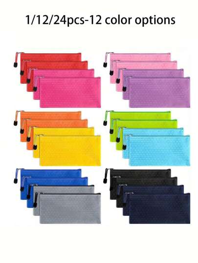 1件/12件（每种颜色1件）24件（每种颜色2件）防水防潮拉链袋A6尺寸收纳袋开学季学生文具笔收纳袋化妆品收纳小型办公用品旅行配件收纳袋简约便携化妆包化妆包化妆品收纳盒化妆品收纳