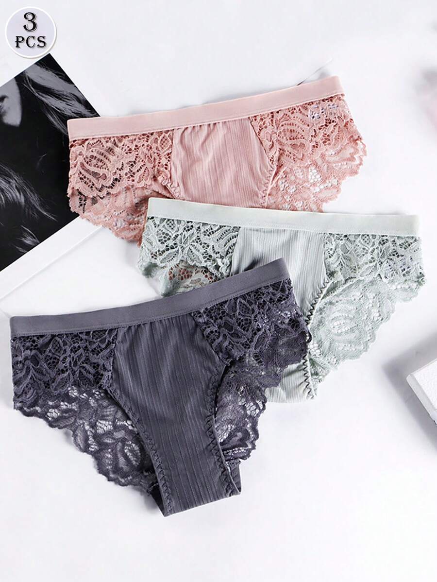 3入組蕾絲內衣，性感低腰舒適內褲 - 彩色 - 查看 1