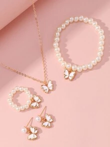 5 piezas / Conjunto de joyas colgante de mariposa para niñas, Incluyendo collar, pulsera, anillo, aretes - A - Ver 12