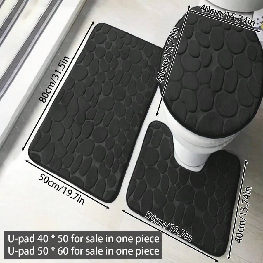 1/3pcs Thickened Pebble Bathroom Toilet Floor Mat Slip-Resistant Floor Mat Set - 3pcs/Set. U Shape 40*50cm - 1pc; U Shape 50*60cm - 1pc Bathroom Kitchen Decor - Black - View 1