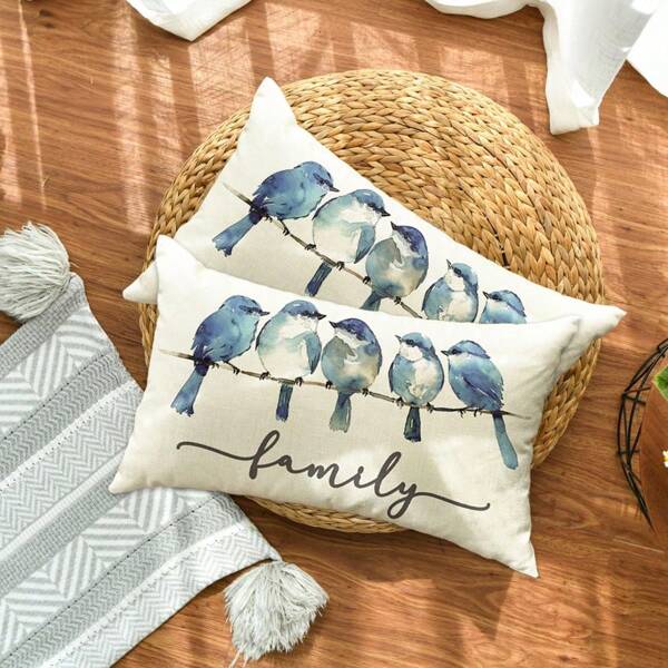 2pcs Sweet Home Blue Watercolor Bird Linen Pillow Covers, 12 X 20 Inch Single-Sided Printing Linen Pillow Cases, For Sofa Chair Backrest Lumbar Support, Home Bedroom Decorative Pillowcases