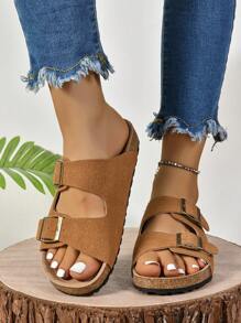 Women's Metallic Buckle Vintage Suede Casual And Comfortable Shoe Inserts With Round Toe, Adjustable Buckle Strap, Flat Cork Sandals. A Fashionable And Breathable Walking And Outdoor Shoe For Couple's Summer Beach Play And Travel. With Brown Leisure Slippers That Expose The Heel. - Brown - View 2