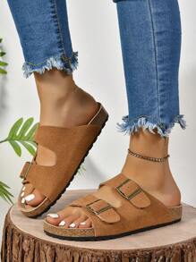 Women's Metallic Buckle Vintage Suede Casual And Comfortable Shoe Inserts With Round Toe, Adjustable Buckle Strap, Flat Cork Sandals. A Fashionable And Breathable Walking And Outdoor Shoe For Couple's Summer Beach Play And Travel. With Brown Leisure Slippers That Expose The Heel. - Brown - View 3