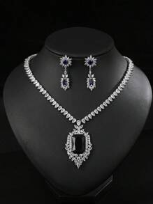 1 juego de 3 piezas de collar y aretes de circonita cúbica de estilo europeo; adecuado para bodas, banquetes y otras ocasiones de alta gama; decoraciones con forma de rectángulo y lágrima para ropa de mujer festiva