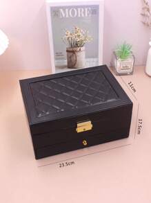 1pc Multifunctional Tri-Layer Rhombic Pattern Pu Jewelry Box With Large Capacity For Women's Jewelry Storage At Home