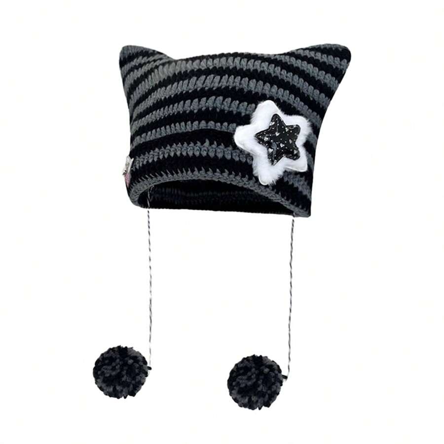 Generic Japanese Style Cat Ear Beanie Hat Star Striped Print Knitting Hat Autumn Winter Plush Ball Pendant Warm Hat - Xám - Xem 1