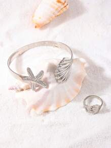 1套女裝時尚套裝，極簡海洋風格，個性化海貝殼、海星、金色手鐲、戒指套裝，適用於日常通勤、派對等 - 海星貝殼套裝 - 查看 4