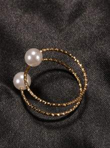 1pc Stainless Steel Pearl Simple Hoop Multi-Layered Ring With 2pcs Faux Pearl, Suitable For Women's Daily Wear, Wedding Wear, Mother's Day And Wife's Gifts