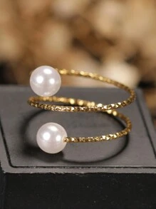 1pc Stainless Steel Pearl Simple Hoop Multi-Layered Ring With 2pcs Faux Pearl, Suitable For Women's Daily Wear, Wedding Wear, Mother's Day And Wife's Gifts