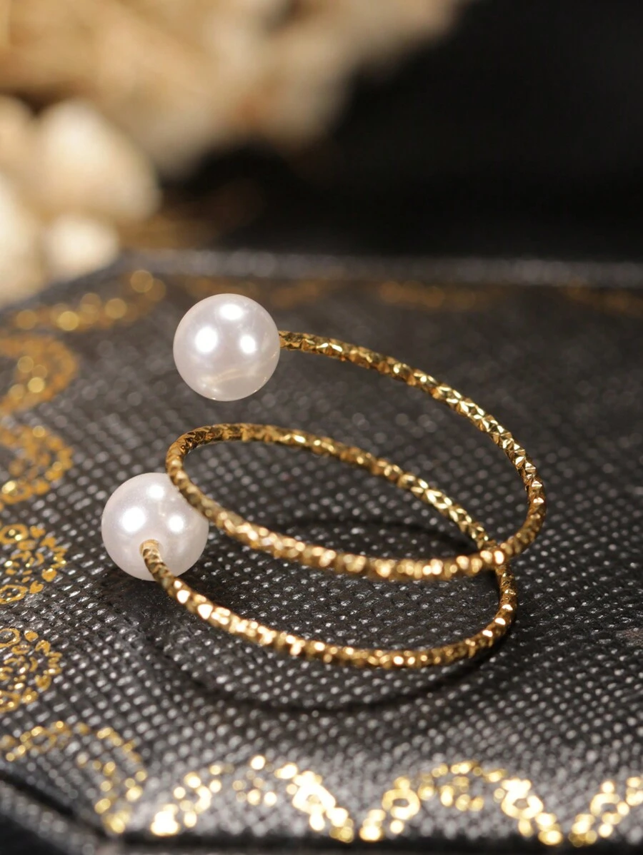 1pc Stainless Steel Pearl Simple Hoop Multi-Layered Ring With 2pcs Faux Pearl, Suitable For Women's Daily Wear, Wedding Wear, Mother's Day And Wife's Gifts