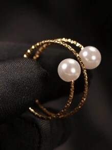 1pc Stainless Steel Pearl Simple Hoop Multi-Layered Ring With 2pcs Faux Pearl, Suitable For Women's Daily Wear, Wedding Wear, Mother's Day And Wife's Gifts
