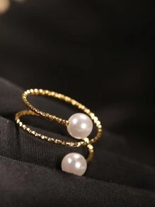 1pc Stainless Steel Pearl Simple Hoop Multi-Layered Ring With 2pcs Faux Pearl, Suitable For Women's Daily Wear, Wedding Wear, Mother's Day And Wife's Gifts