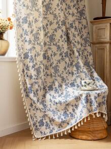 1pc Elegant Vintage Floral Printed Curtain, Beige Tassel Semi-Sheer Kitchen Short Curtain, Room Divider, Suitable For Home, Bedroom, Study, Living Room, Balcony, Terrace, Window Decoration, All Season