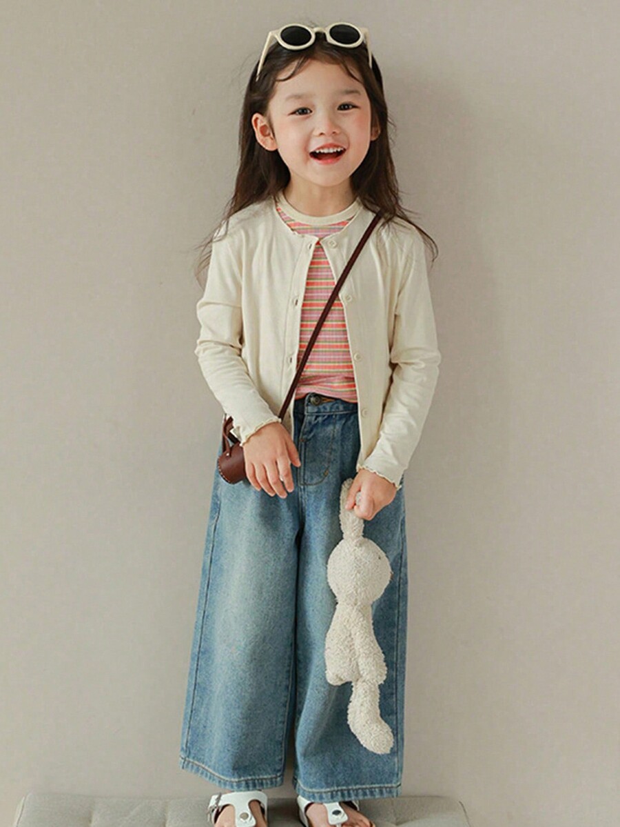 1pc Casual Soft & Comfortable Wide Leg Straight Blue Denim Jeans, High