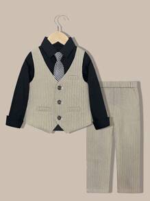 新款男童西裝套裝，花童婚禮服裝，表演服裝，英式男童表演西裝三件套，含背心、長褲與領帶 - 卡其色 - 查看 7
