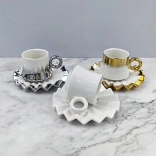1 Set 2pcs Electroplate Gold/Silver/White Ceramic Coffee Mug & Saucer, 90ml Capacity Back To School - Multicolor - View 6