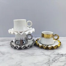 1 Set 2pcs Electroplate Gold/Silver/White Ceramic Coffee Mug & Saucer, 90ml Capacity Back To School - Multicolor - View 4