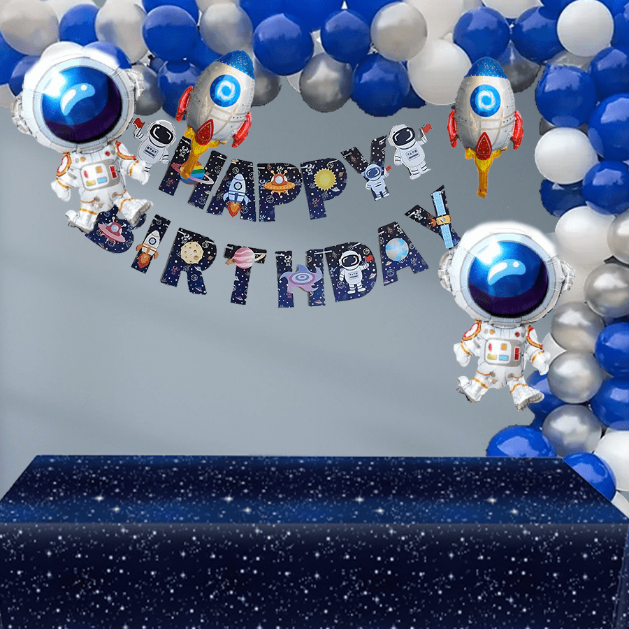 Space Universe Astronaut Galaxy Theme Party Supplies, Astronaut & Rocket Themed Aluminum Foil Balloons, Astronaut And Rocket Design Party Decoration Banner, Galaxy Tablecloth, White, Sea Blue, Silver Latex Balloons, Balloon Garland, Birthday, Anniversary Decoration & Creative Ornamentm, Photo Props,Rocket Balloons,Balloons,Astronaut Theme