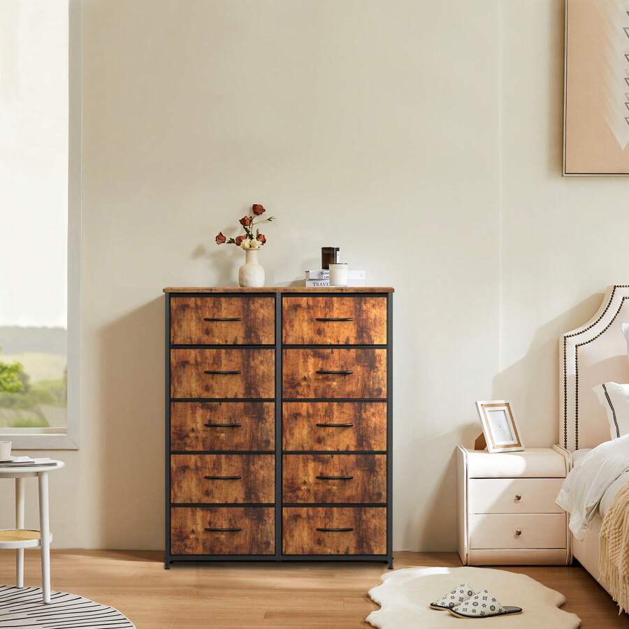 Sweetcrispy Dresser, Tall Dresser For Bedroom, Drawer Dresser Organizer Storage Drawers With 10 Drawers, Chest Of Drawers With Fabric Bin, Steel Frame, Wood Top For Bedroom - 鏽棕色 - 查看 1