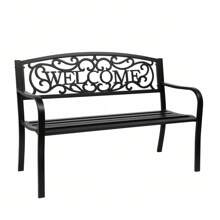 Outdoor Steel Garden Bench Park Bench, 50 Inch Patio Welcome Bench With Slated Seat & Floral Design Backrest - Black - View 5