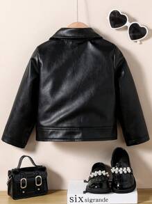 Tween Girl Solid Color Long Sleeve Zip Up Casual Motorcycle Leather Jacket, Spring & Fall