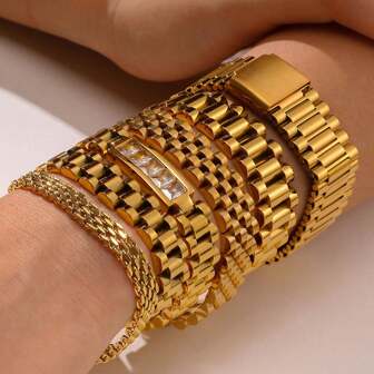 1pc Fashionable Mesh Band 18K Golden Stainless Steel Bracelet, Gift For Women, Vintage Style
