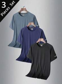 Estilo namorado masculino verão moda casual roupas esportivas - camiseta de seda gelada de secagem rápida conjunto de 3 peças - Preto - Ver 1