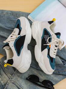 Chaussures de course décontractées pour hommes avec imprimé de slogan lettré, décorations en ruban de couleur contrastée et doux - Beige - Voir 7