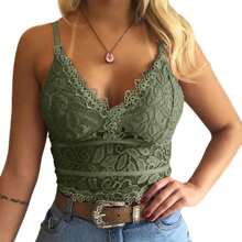 BZB Women's Lace Camisole Soft Crochet Spaghetti Strap Vest Outer Wear Short Camisole Top - 綠色 - 查看 1