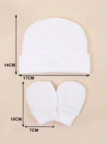 3pcs Newborn Baby Beanie Hat & Anti-Scratch Mittens Set, Soft & Skin-Friendly - White - View 5