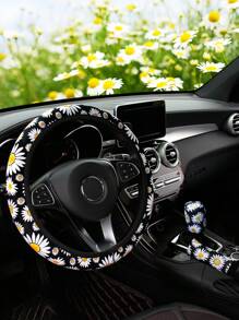3pcs Fabric Waterproof Steering Wheel Cover, Handbrake Cover And Gear Shift Cover, Suitable For 14.5-15 Inch Universal Car, With Daisy, Panda And Bear Paw Print Design